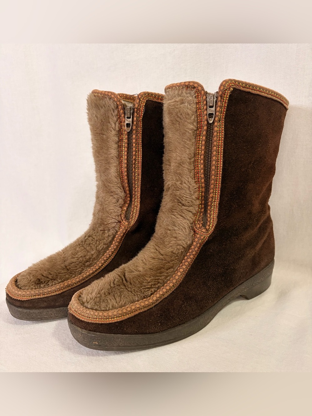 Vintage YODELERS Size 6.5W 70s Mid-Calf Boots Suede Leather Faux Fur Boho Chic